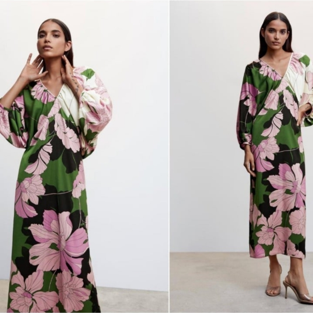 Mango Green and Pink Floral Midi Dress